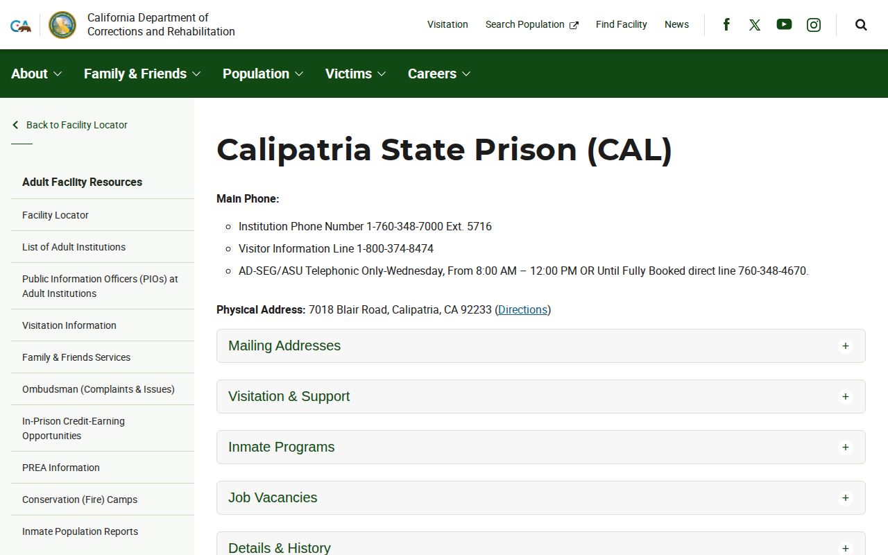 Calipatria State Prison CDCR release search page for Imperial County
