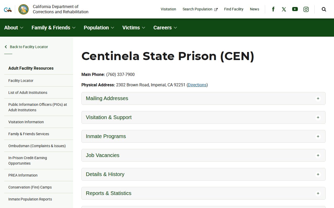Centinela State Prison CDCR release lookup page for Imperial County