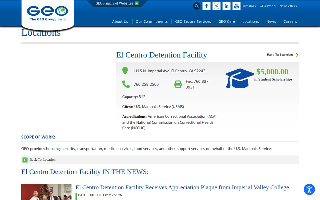 El Centro Detention Facility federal release records and GEO facility page