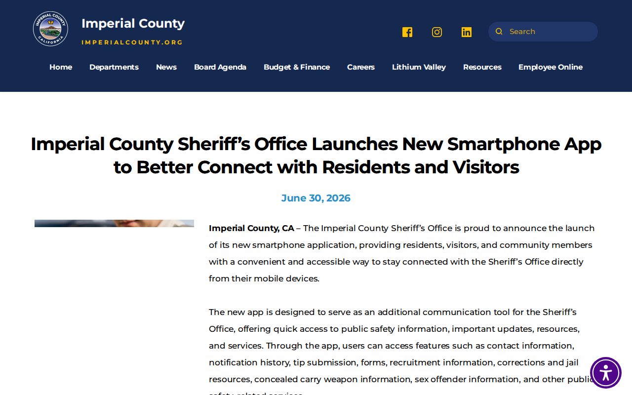 Imperial County Sheriff app announcement showing official app release information