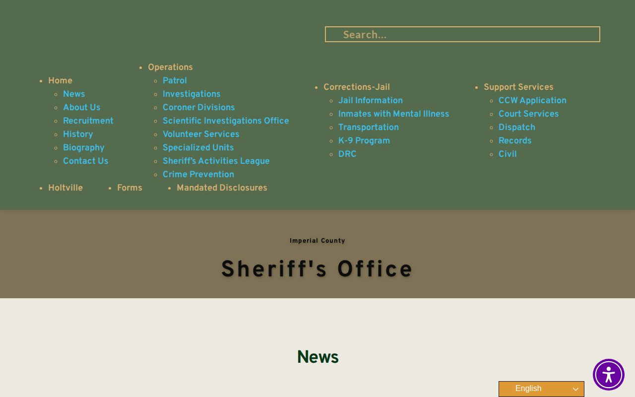 Imperial County Sheriff home and contact page showing jail and records contact area