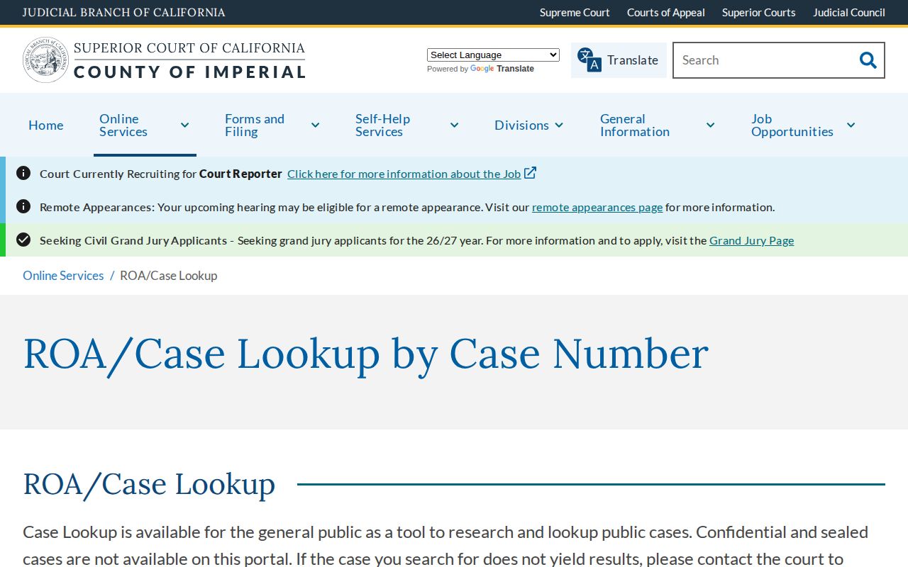 Imperial County Superior Court ROA case lookup page