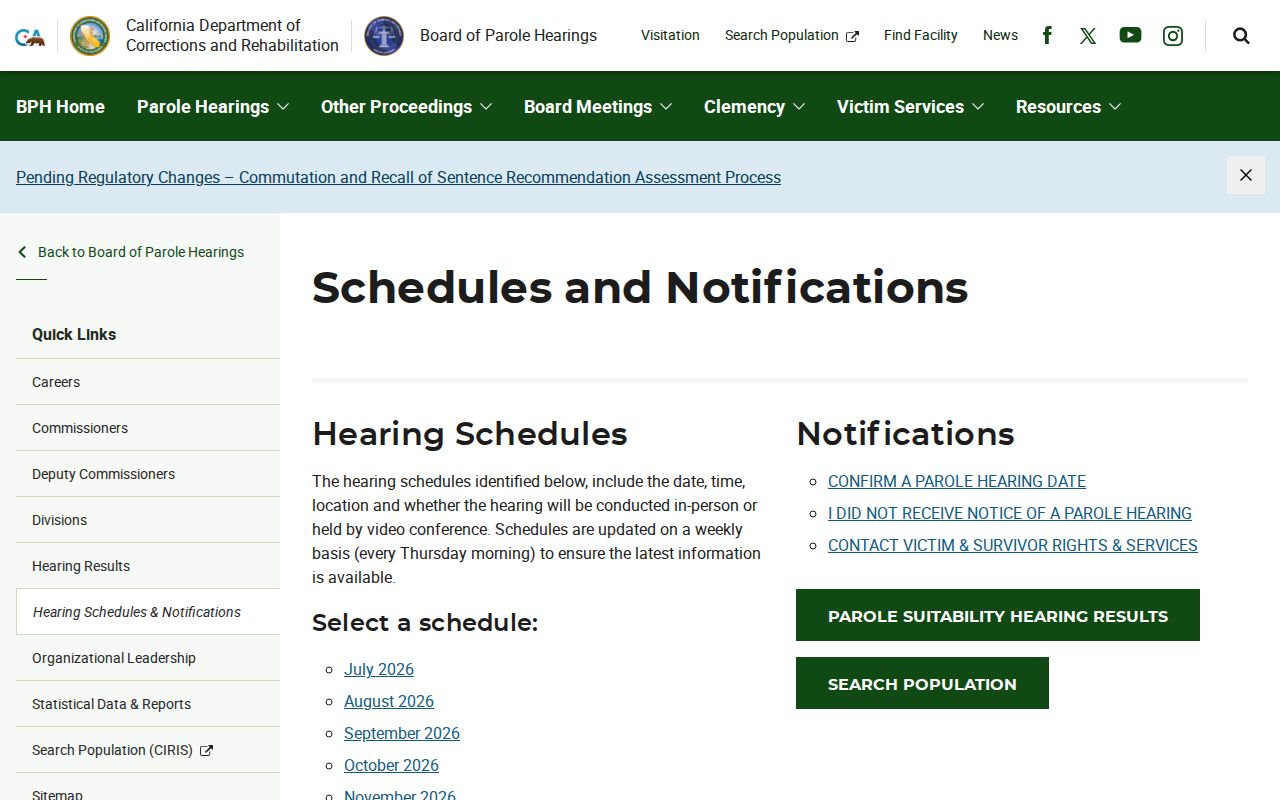 California Board of Parole Hearings schedule page