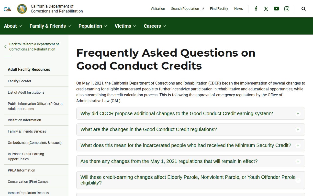 CDCR Good Conduct Credit FAQ page