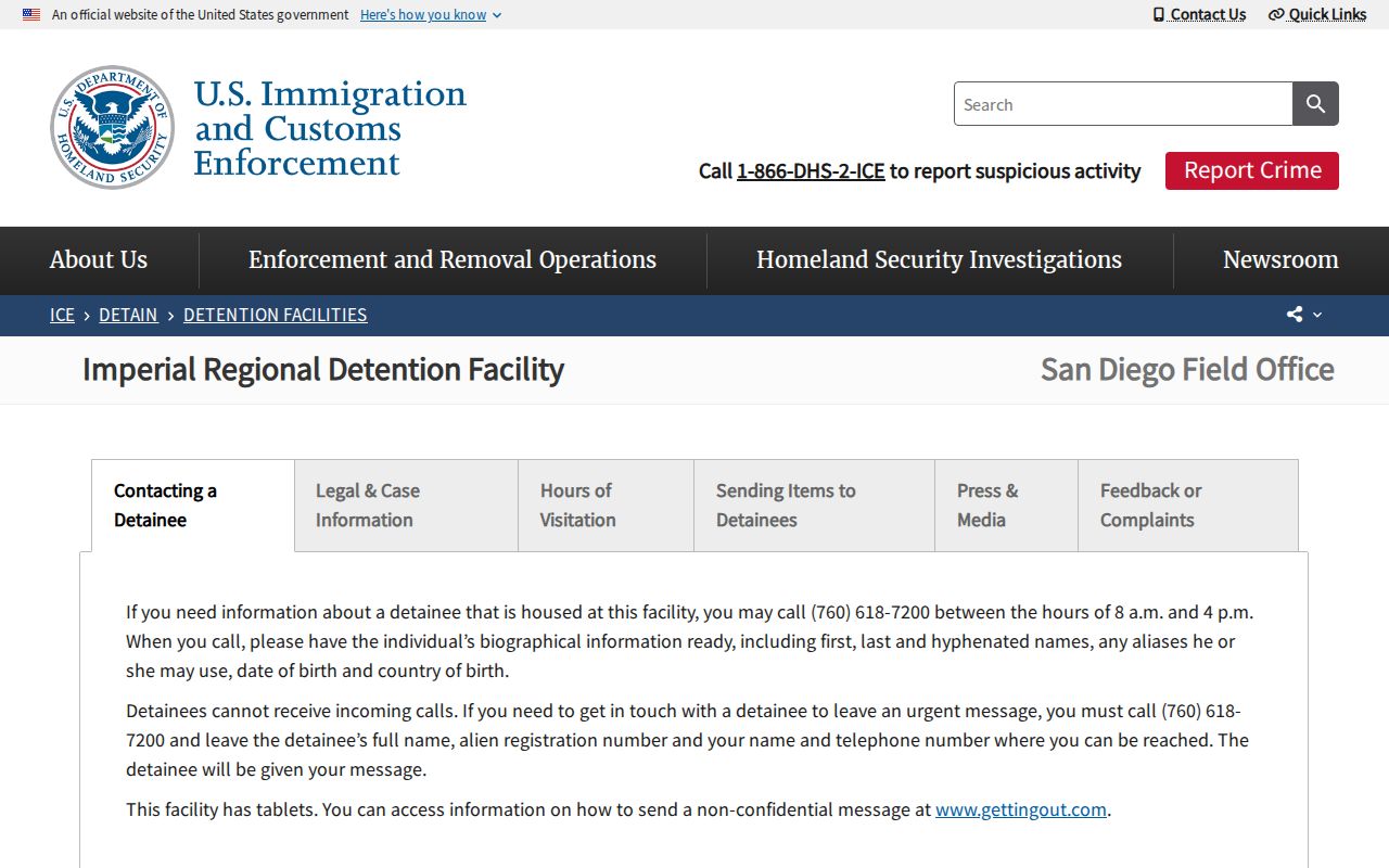 Imperial Regional Detention Facility ICE release locator information