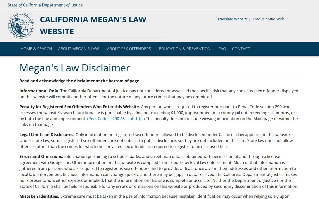 California Megan's Law official registry page