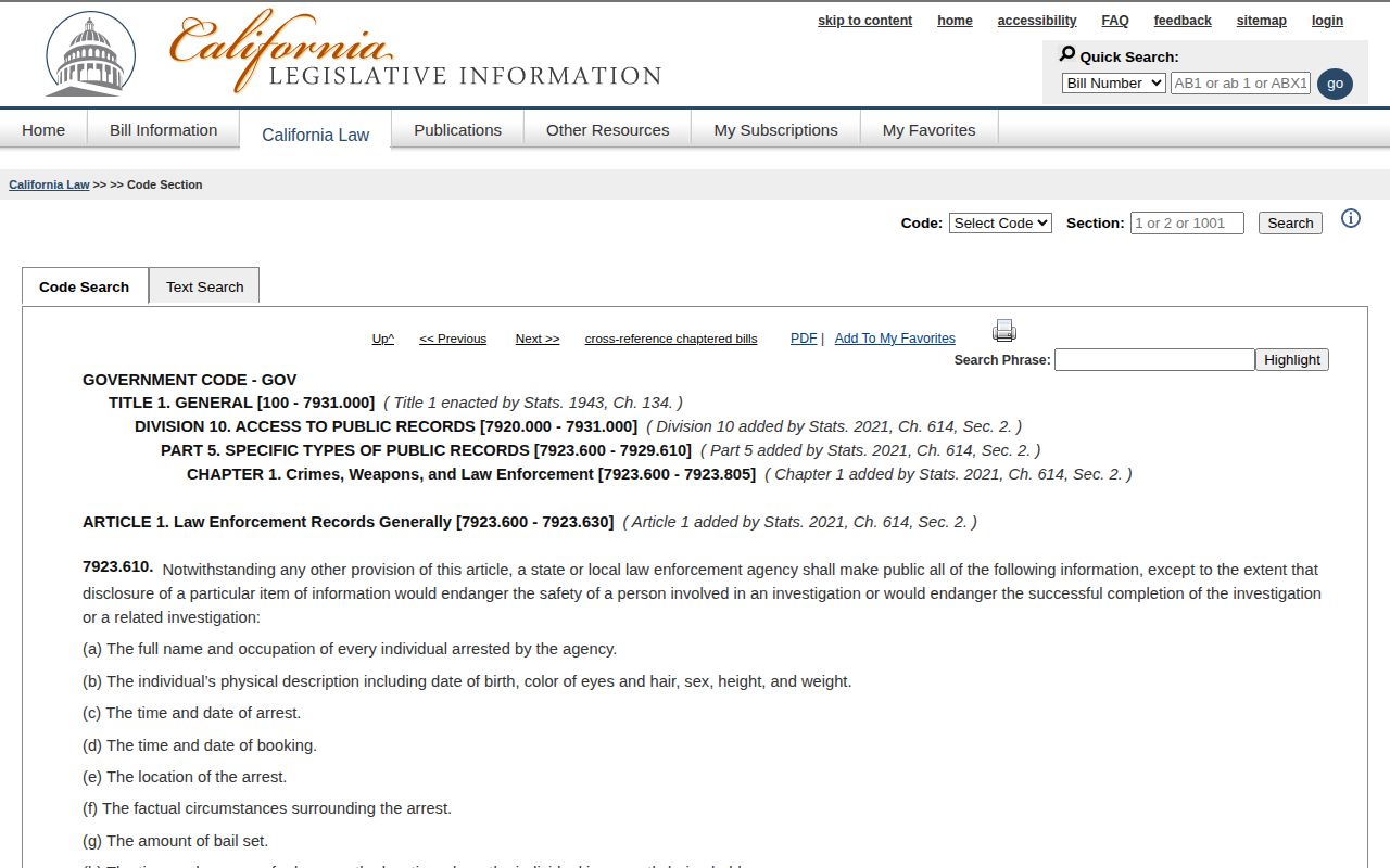 California Government Code section 7923.610 arrest-record disclosure page